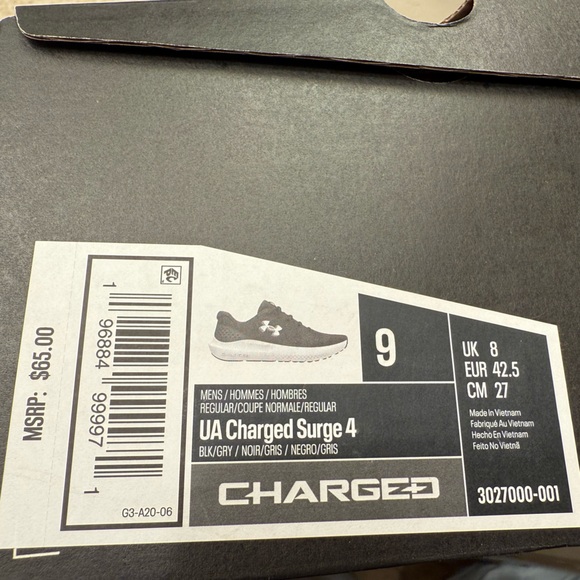 Under Armour Charged Surge 4 Shoes - Black and White Mens 9 - Picture 2 of 3